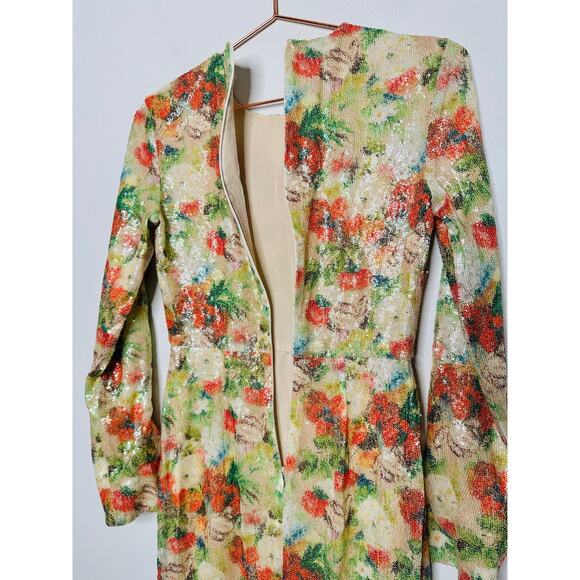 ROSETTA GETTY Multicolored Floral Crepe De Chine Sequin Long Sleeve Gown Size 0 - Picture 7 of 16